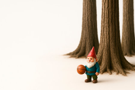 Garden gnome with a basketball near the trees. Space for textの素材