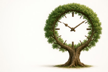 A tree in the shape of a clock with a green crown. Space for textの素材