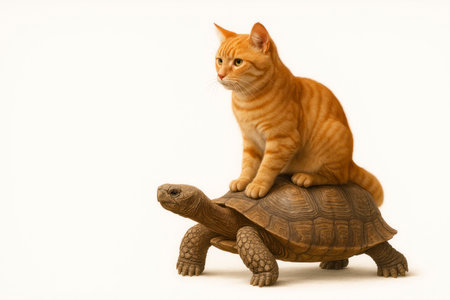 A ginger cat sits on the shell of a turtle. Space for textの素材