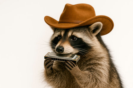 A raccoon in a cowboy hat plays the harmonica. Space for textの素材