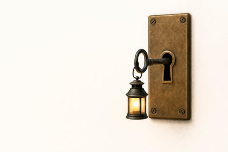 A key with a flashlight in the keyhole. Space for textの素材