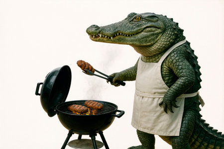 A crocodile in an apron grills meatの素材
