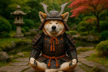 A dog in samurai armor meditates in a Japanese gardenの素材