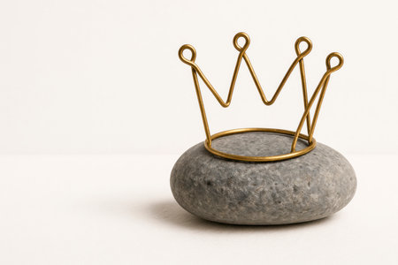 A golden crown made of wire on a gray stone. Space for textの素材
