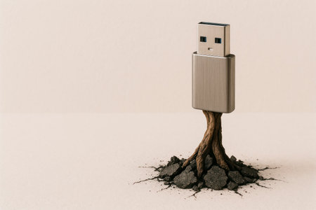 A flash drive with roots growing out of the ground. Space for textの素材