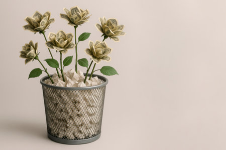 Money in the form of flowers in the trash can. Space for textの素材