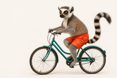 A lemur in orange shorts rides a green bicycle. Space for textの素材