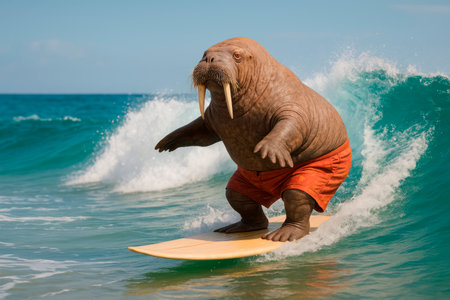 Surfer walrus on a board in the oceanの素材