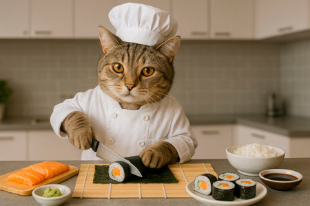 A cat chef prepares sushi in the kitchenの素材