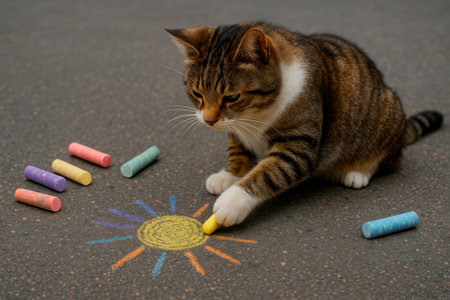 A cat draws the sun on the asphalt with crayonsの素材