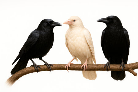 A white crow between two black crows on a branchの素材