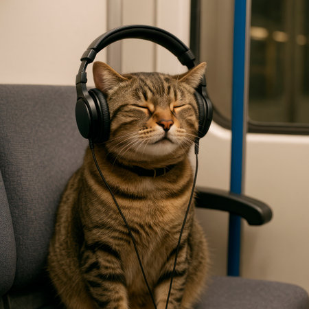 A cat in headphones enjoys music on the trainの素材