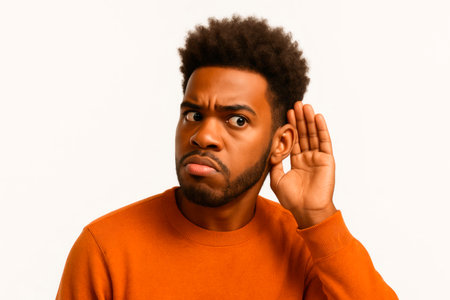 A man in an orange sweater with a gesture, listeningの素材