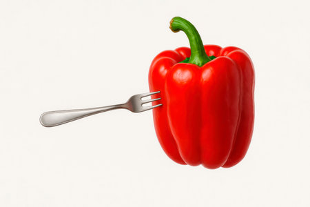The fork sticks into the red bell pepperの素材