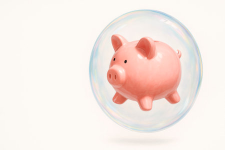 Piggy bank inside a soap bubble. Space for textの素材