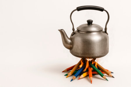 A teapot standing on a fire made of colored pencils. Space for textの素材