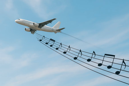 The plane leaves a trail of notes in its wakeの素材