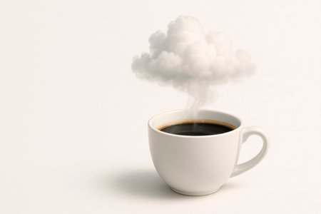 A white mug of coffee with a cloud of steam. Space for textの素材