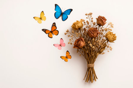 Bouquet of dried flowers with flying butterflies. Space for textの素材