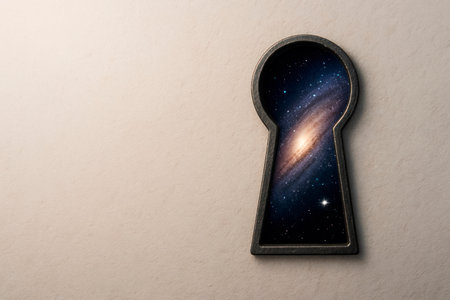 The cosmic galaxy is visible through a keyhole. Space for textの素材