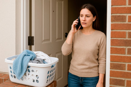 A woman with a laundry basket is talking on the phone at the doorの素材