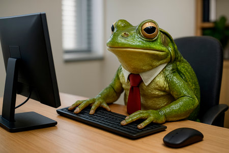 A frog in a tie is working at a computerの素材