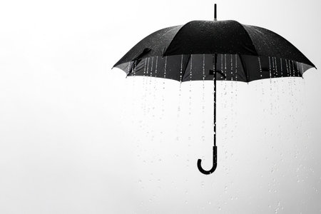 A black umbrella in the rain with drops of water. Space for textの素材