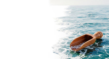 A wooden floating bucket in the ocean. Space for textの素材