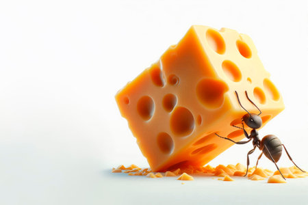 An ant drags a piece of cheese as a symbol of strength and work. Space for textの素材