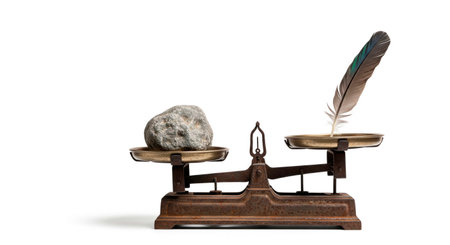 Scales with a stone and a feather, symbolizing the contrast of heaviness. Space for textの素材