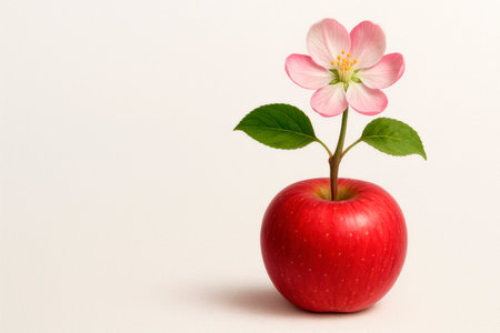 An apple with a flower and leaves. Space for textの素材