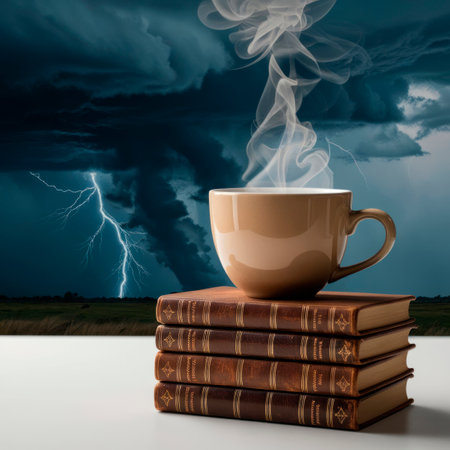 A cup with smoke on books and a thunderstorm in the backgroundの素材