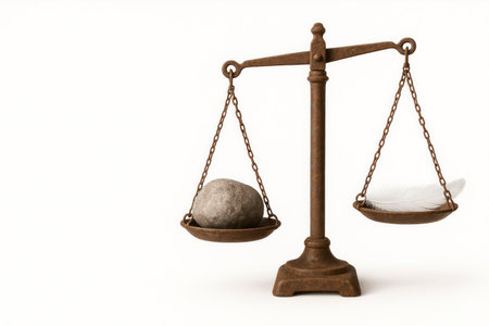 Scales with a stone and a white feather. Space for textの素材