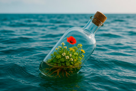 Flowers in a bottle floating in the seaの素材