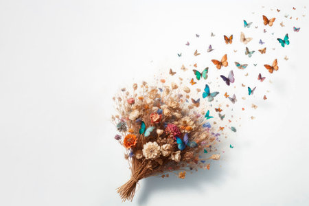 A bouquet of flowers turns into butterflies as a symbol of freedom. Space for textの素材