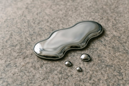 Liquid metal in the form of a drop on a gray surface. Space for textの素材
