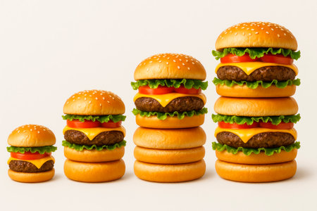A row of burgers of different sizes on a light backgroundの素材