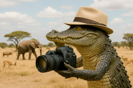 A crocodile in a hat photographs animals in the savannahの素材