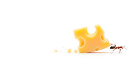 An ant pulls a piece of cheese with crumbs. Space for textの素材