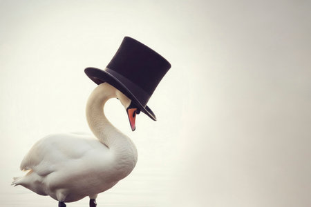 Swan in a top hat on the water. Space for textの素材