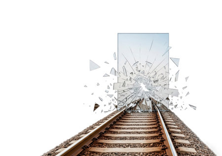 Railway tracks through broken glass. Space for textの素材