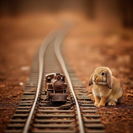 Rabbit next to a toy train on the railwayの素材