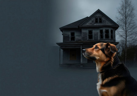 A dog in front of an abandoned house at night. Space for textの素材