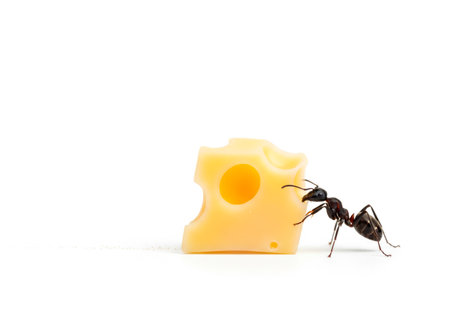 An ant carries a piece of yellow cheese. Space for textの素材
