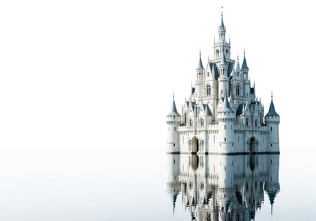A white castle with a reflection in the water. Space for textの素材