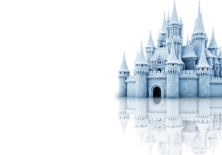 An ice castle with a reflection on a white background. Space for textの素材