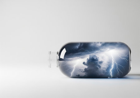 Thunderstorm and lightning inside a glass bottle. Space for textの素材