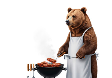 A bear in an apron is preparing a barbecue. Space for textの素材