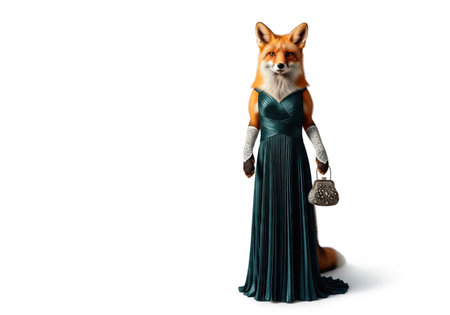 Fox in an evening dress with a handbag. Space for textの素材