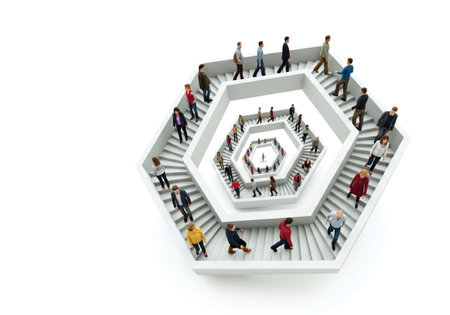 An endless staircase with people in perspective. Space for textの素材